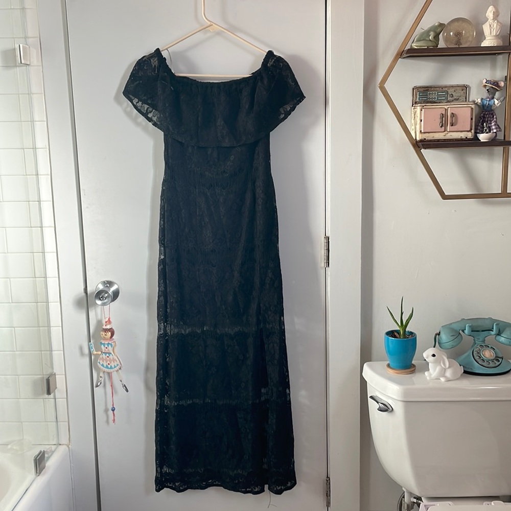 Black Lace off the shoulder dress with gold zipper
